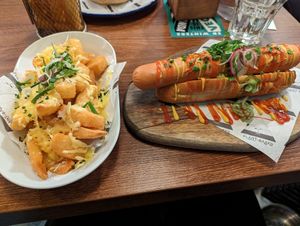 Vegan dawg with cheesy chips at Unity Diner in East London