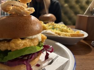 Tofish stack burger with super cheesy fries  at Unity Diner in East London
