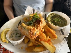 Tofish and chips, tartare sauce and mushy peas  at Unity Diner in East London