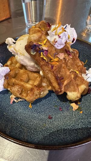 Waffles and ice cream  at Unity Diner in East London