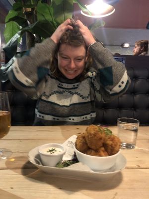 Losing our minds over the amazing Mac and cheese balls!  at Unity Diner in East London