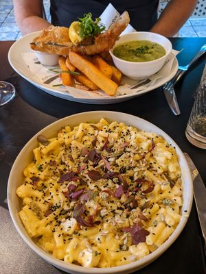 Vish and chips, crab mac n cheeze at Unity Diner in East London