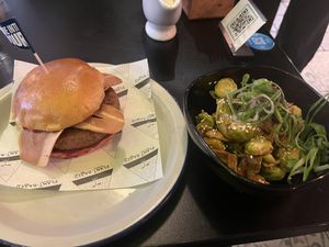 Festive burger and sprouts   at Unity Diner in East London