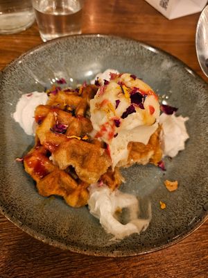 Waffles, ice and whipped cream at Unity Diner in East London