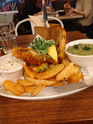 Battered fish and chips! at Unity Diner in East London
