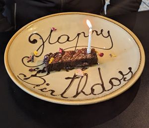 Birthday brownie surprise! at Unity Diner in East London