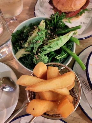 Chunky fries (amazing and crispy!), spring greens at Unity Diner in East London