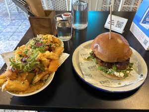Steak burger and cheese friess  at Unity Diner in East London