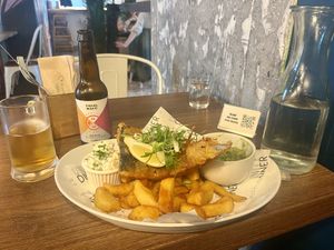 Tofish n chips with mushy peas and tartar sauce   at Unity Diner in East London