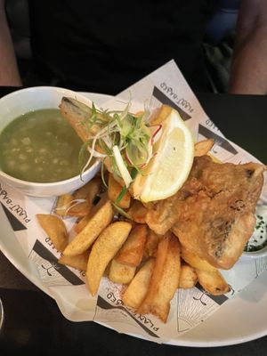 Fish n chips with mushy peas  at Unity Diner in East London