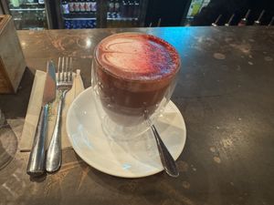 Red velvet latte  at Unity Diner in East London