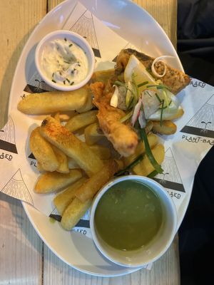 Tofish, chips, mushy peas  at Unity Diner in East London