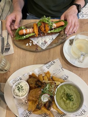 Fish & Chips and Surf & Turf Hot Dog  at Unity Diner in East London