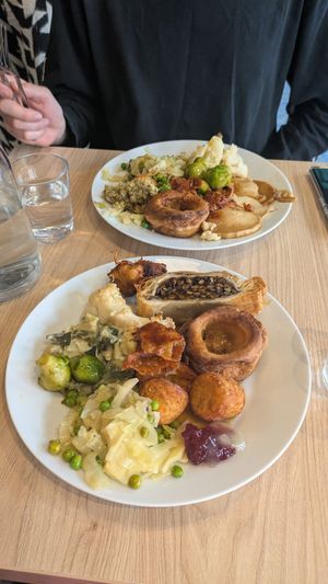 Mushroom wellington, partner has vegan turkey. at Unity Diner in East London