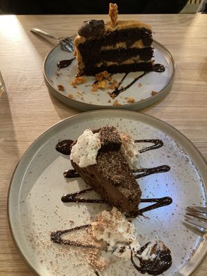 Chocolate cake and honeycomb cakee  at Unity Diner in East London