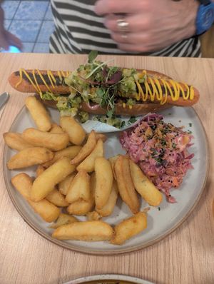 Hot dog and chunky chips at Unity Diner in East London