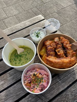 Tofu fish and chips, mushy peas, remoulade and coleslaw  at Unity Diner in East London