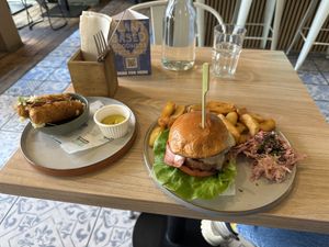 Burger and mozzarella sticks (all vegan)  at Unity Diner in East London