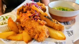 Tofish and chips with mushy peas  at Unity Diner in East London