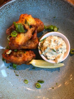 Tofish wrapped in seaweed and deep fried in butter.  at Unity Diner in East London