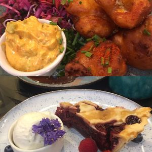 Cauliflower bites and cherry pie  at Unity Diner in East London