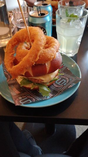 Burger moving mountain and onion rings! Amazing! at Unity Diner in East London