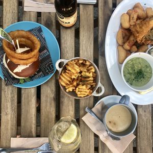 Waffle fries, vegan fish and chips and moving mountain burger  at Unity Diner in East London