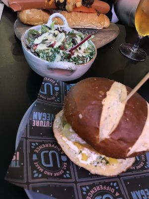 Chicken Burger, Small Ceasar Salad and Hot Dog with Shrimps at Unity Diner in East London