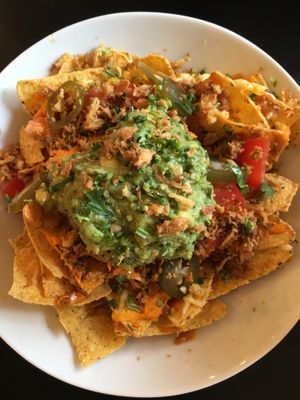 Vegan Nacho appetizer with veggie bacon instead of veggie turkey at Unity Diner in East London
