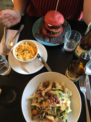 Mac and cheese side, with one of their burgers (can’t remover the name), and the chicken Caesar salad! at Unity Diner in East London