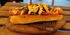 Surf n' turf dog at Unity Diner in East London