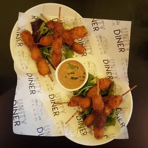 Satay chick'n skewers at Unity Diner in East London