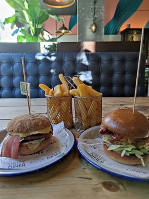 Mountain burger and chicken burger with amazing fries at Unity Diner in East London