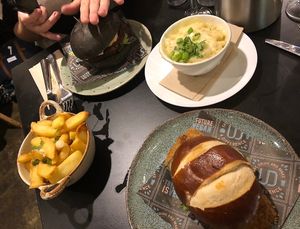Mac and cheese and burgers  at Unity Diner in East London