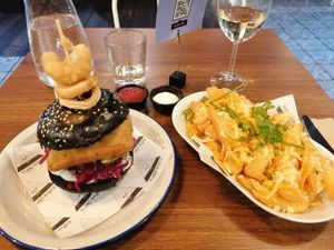 Tofish burger and cheesy fries at Unity Diner in East London