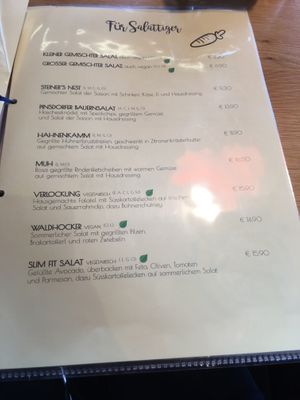 Speisekarte at Steiner's Cafe Restaurant Weinbar in Pinsdorf