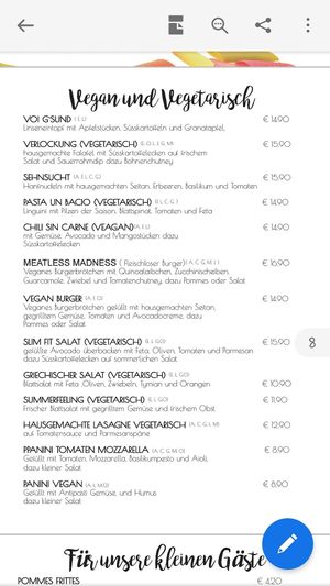 MENU: Vegan & Vegetarian options at Steiner's Cafe Restaurant Weinbar in Pinsdorf