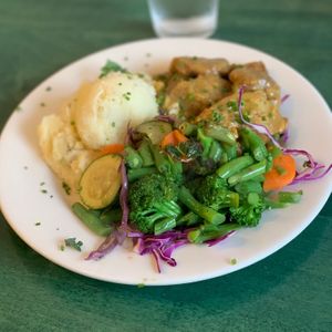 Tempeh Piccata with mash and veggies. at Karma 2 Go in Red Bank