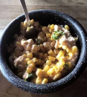 Mexican street corn with vegan mayo and vegan parm  at Dilla Libre in Phoenix