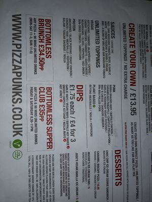 Menu part 1. at Pizza Punks in Newcastle Upon Tyne