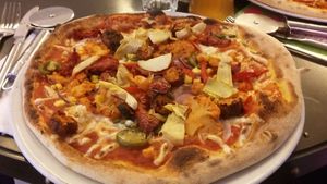 Artichoke, chorizo with maple and roasted cauliflower pizza at Pizza Punks in Newcastle Upon Tyne