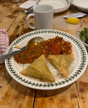 Veggie samosas, rice with two types of curry (I can’t remember what the names were)   at The Rajah in Inverness