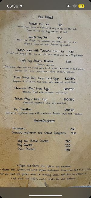Menu (sadly not all vegan)  at Ananda Tree House in Kathmandu