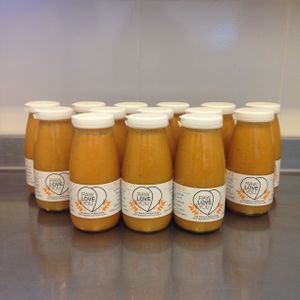 Protect yourself! Orange, carrot, apple, banana, turmeric and chia seed. at Raw Love You in Bodrum