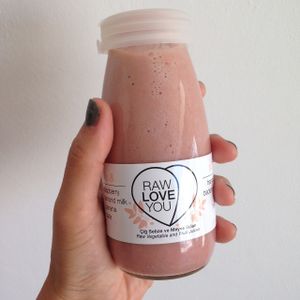 Pink Love! Almond milk w/ raspberry, banana and date. at Raw Love You in Bodrum