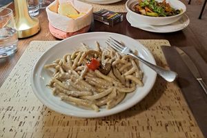 Vegan truffle pasta. Homemade bread and grilled veggies as a side dish. at Groppo in Zadar