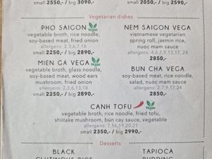 Vegetarian menu (Nem Saigon Vega and Bun Cha Vega come with a sauce that contains squid/fish sauce!) at Oriental Soup House in Budapest