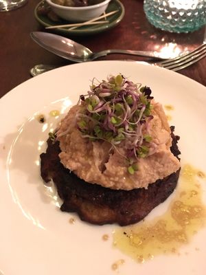 Beetroot pancake with humous. at Greens Vegetarian Cafe in Hebden Bridge