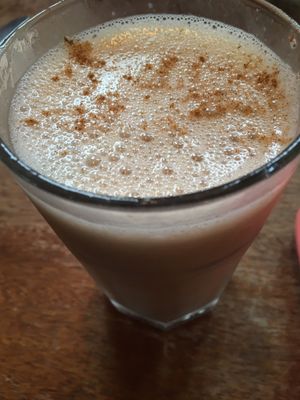 Banana, cinnamon and almond milk slake   at Greens Vegetarian Cafe in Hebden Bridge