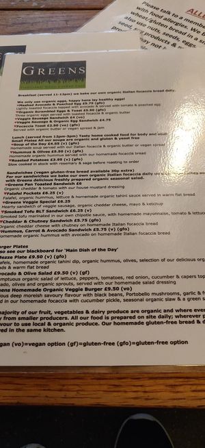 Menu at Greens Vegetarian Cafe in Hebden Bridge